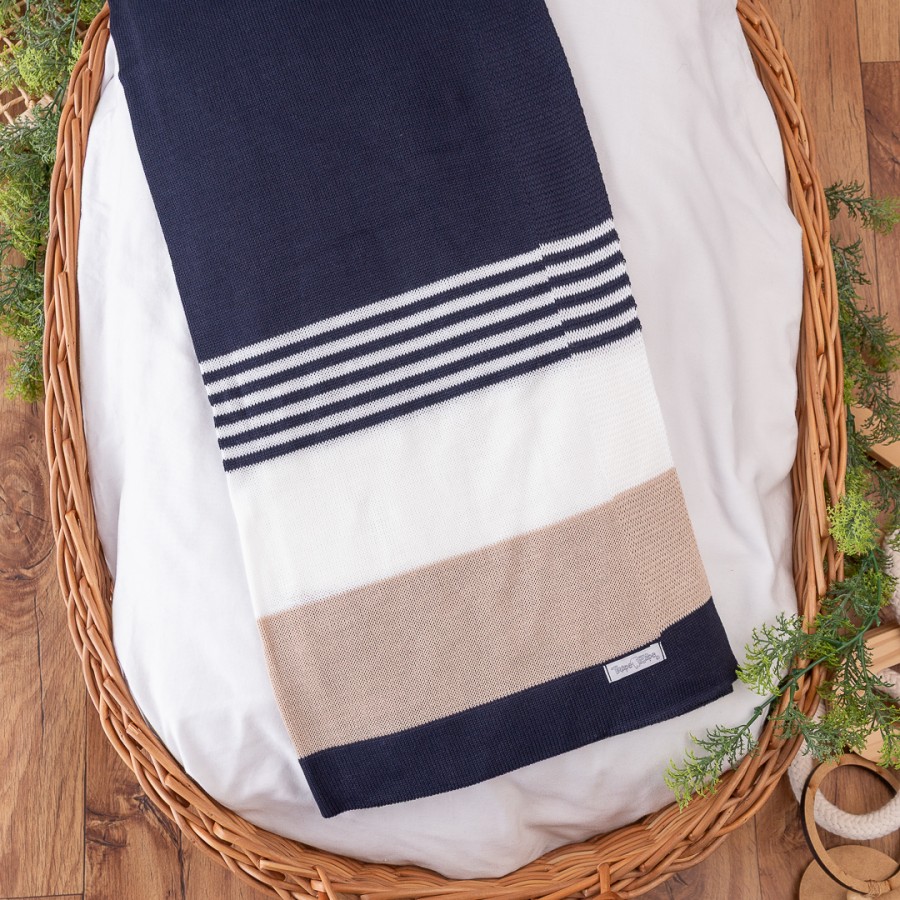 Manta de Linha Listrada - Azul Marinho, Branco e Areia